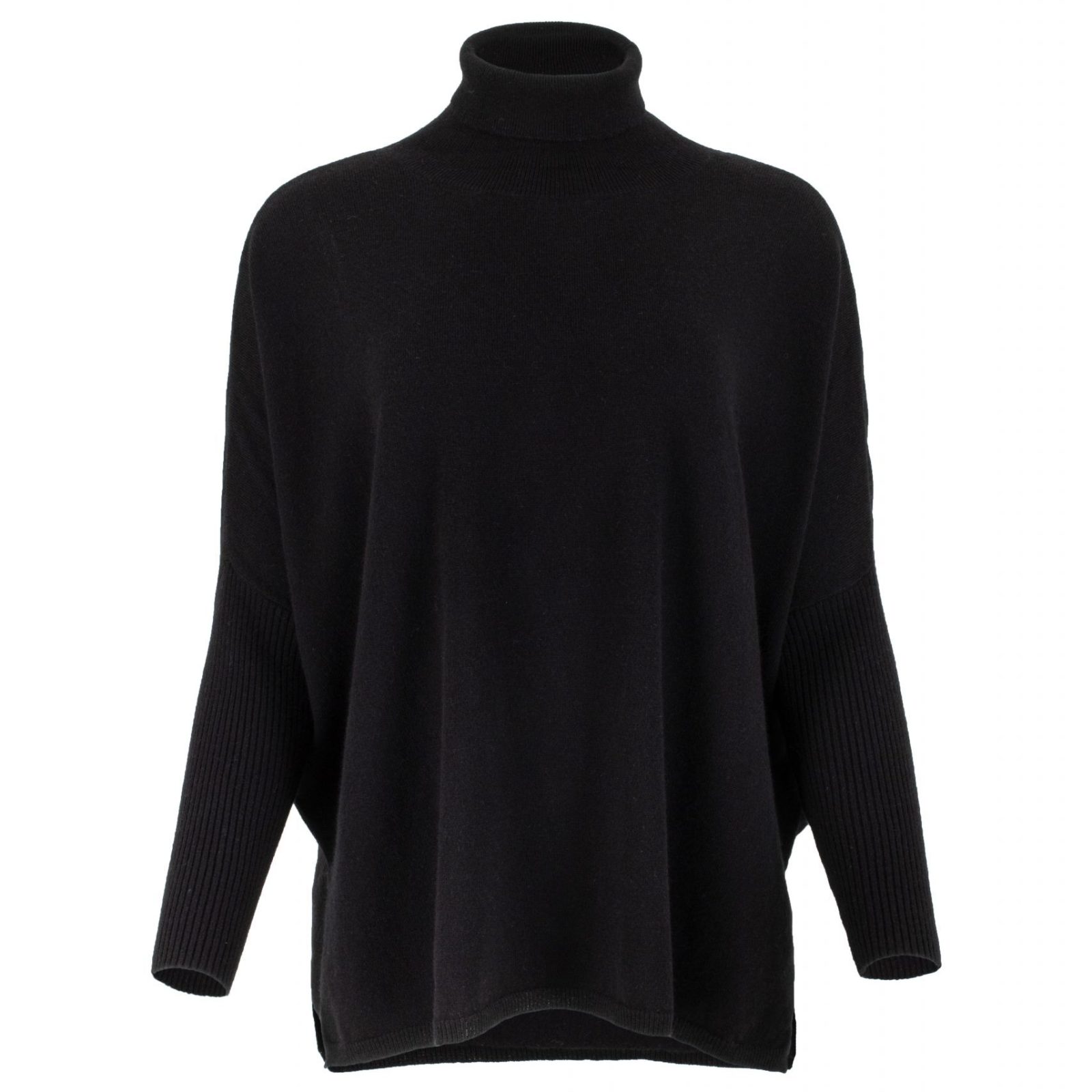 Torvi-polo-neck-jumper-black-colour-front-view - Ochre Knitwear polo neck jumper in black colour with slit opening, front view