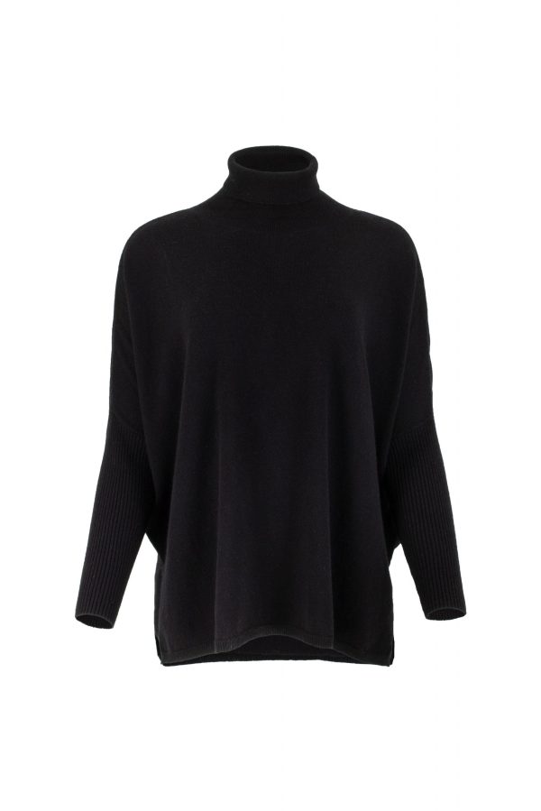 Torvi-polo-neck-jumper-black-colour-front-view - Ochre Knitwear polo neck jumper in black colour with slit opening, front view