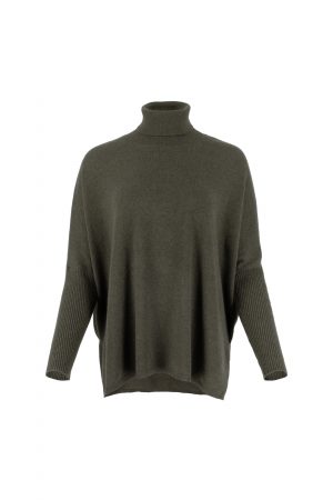 polo neck jumper in fir green colour with slit opening, front view