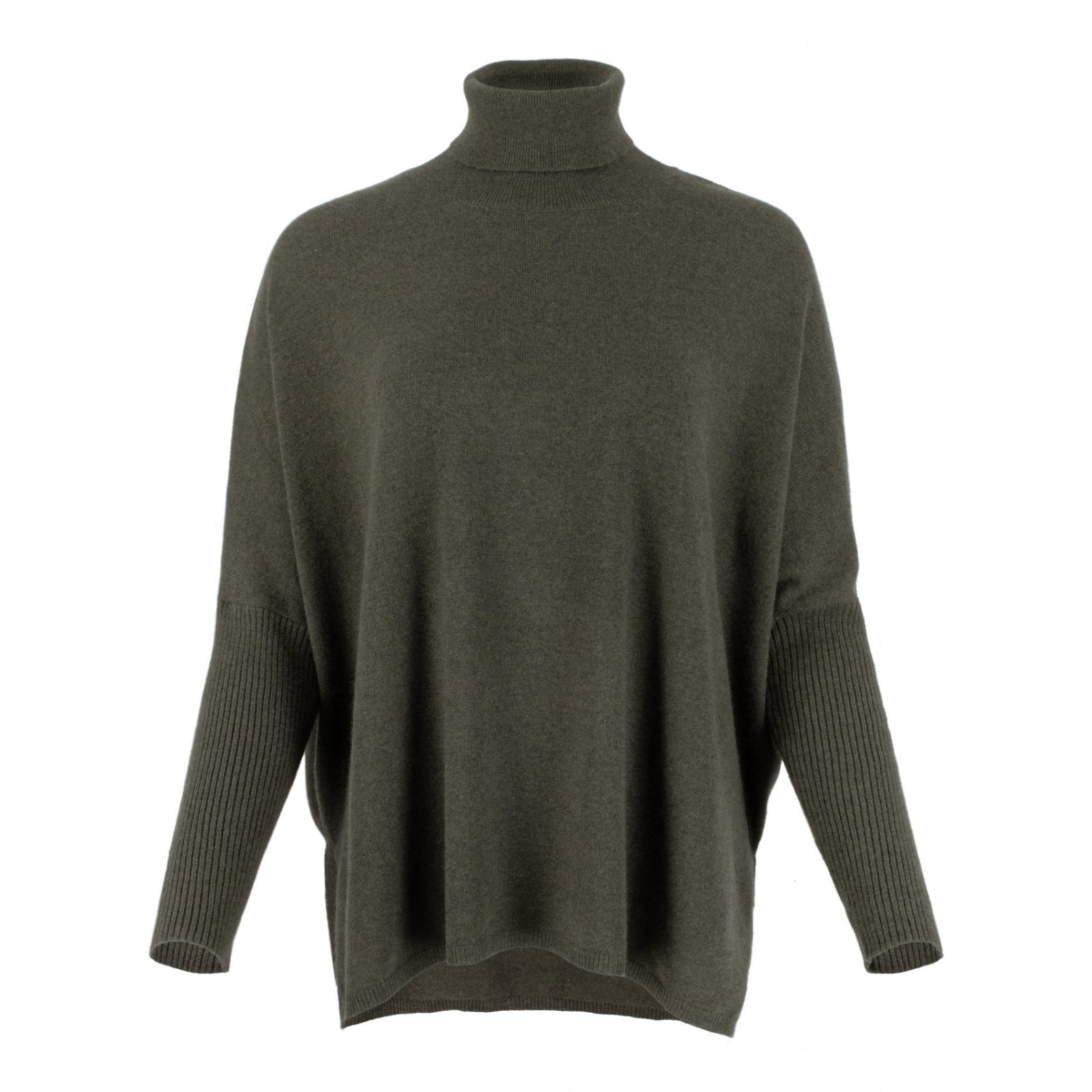 Torvi-polo-neck-jumper-fir-green-colour-front-view - Ochre Knitwear polo neck jumper in fir green colour with slit opening, front view