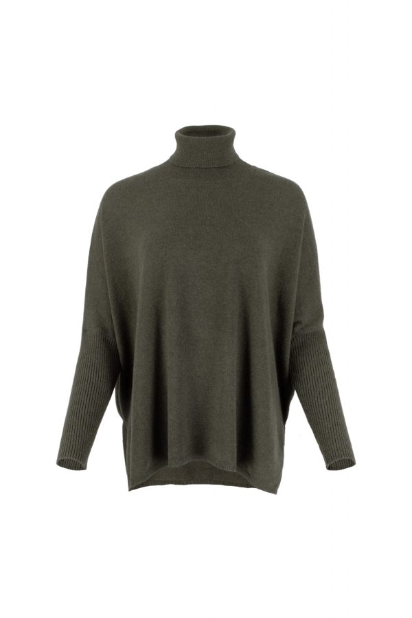 Torvi-polo-neck-jumper-fir-green-colour-front-view - Ochre Knitwear polo neck jumper in fir green colour with slit opening, front view