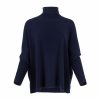 polo neck jumper in navy colour with slit opening, front view