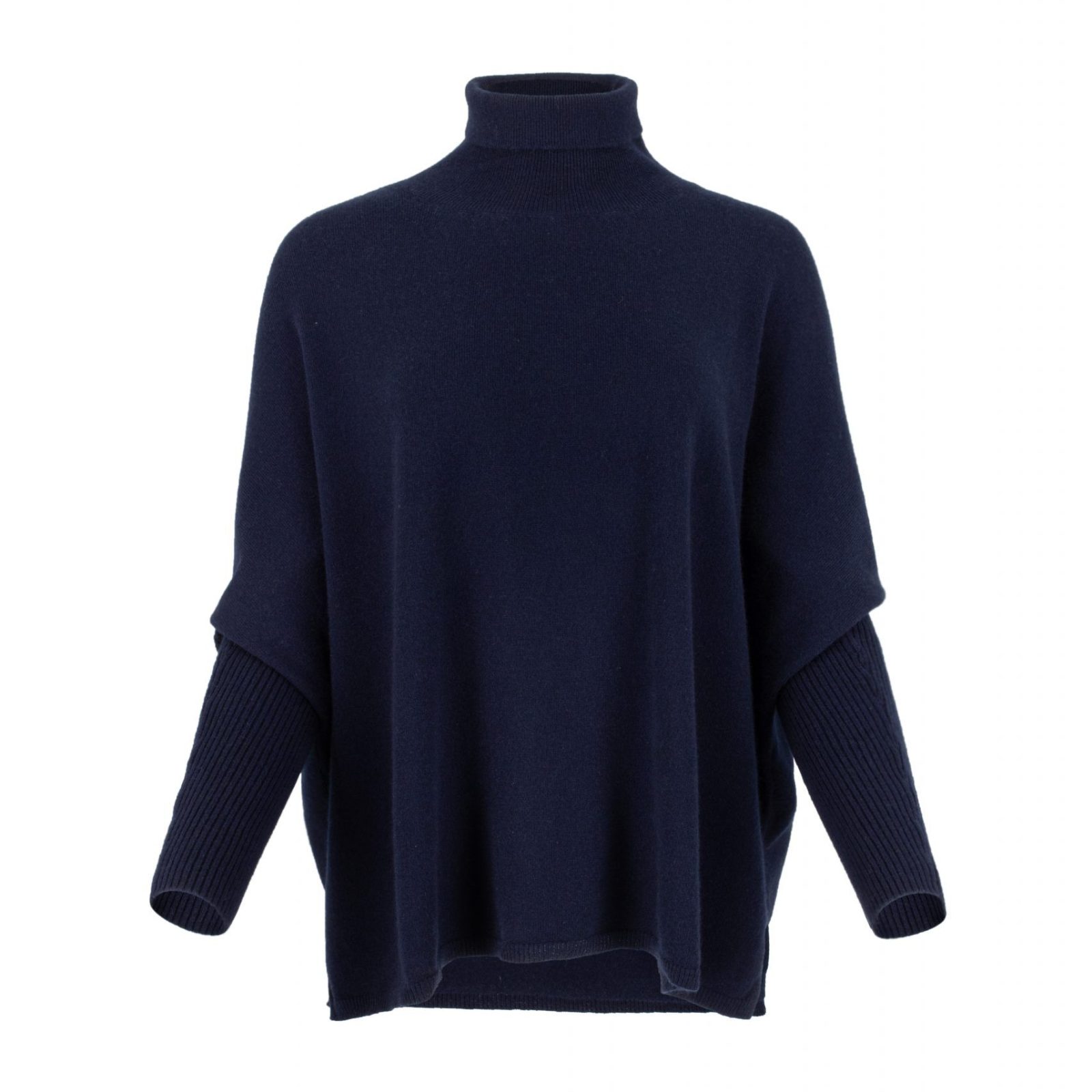 Torvi-polo-neck-jumper-navy-colour-front-view - Ochre Knitwear polo neck jumper in navy colour with slit opening, front view
