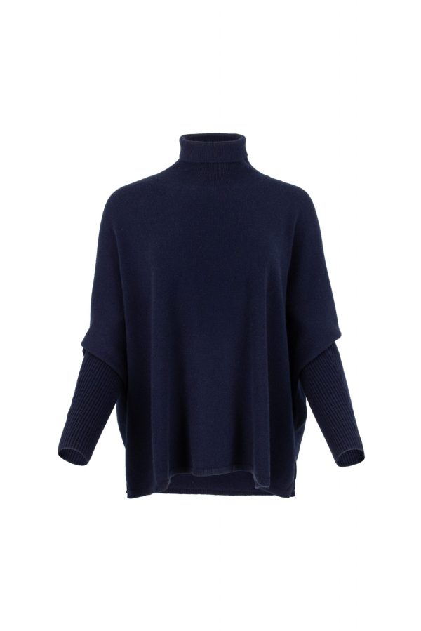Torvi-polo-neck-jumper-navy-colour-front-view - Ochre Knitwear polo neck jumper in navy colour with slit opening, front view