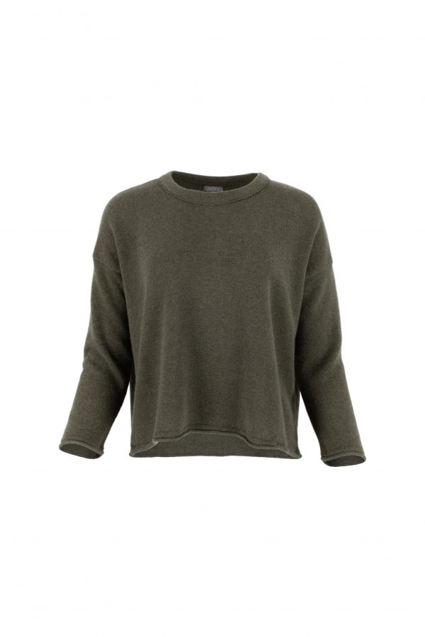 a boat neck jumper in green colour, front view