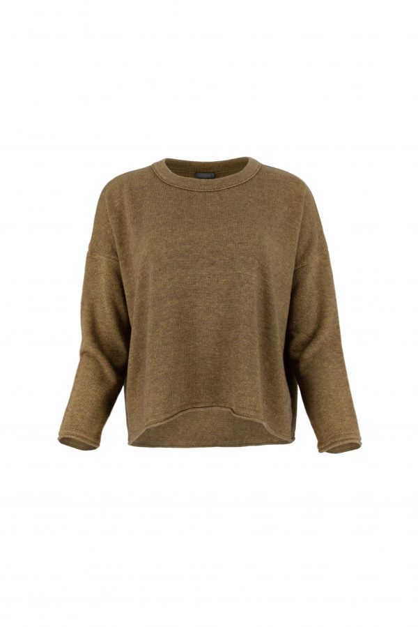 a boat neck jumper in olive colour, front view