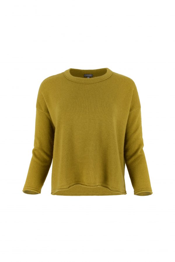 Rina-boat-neck-jumper-moss-colour-front-view - Ochre Knitwear a boat neck jumper in moss colour, front view