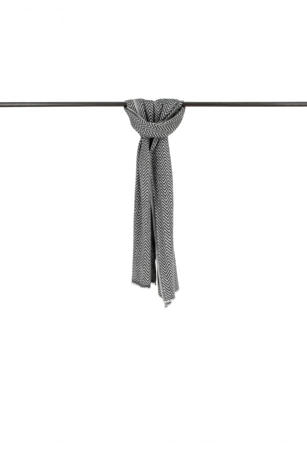 Herringbone-muffler-scarf-graphite-cream-colour - Ochre Knitwear A herringbone muffler scarf featuring graphite and cream colours.