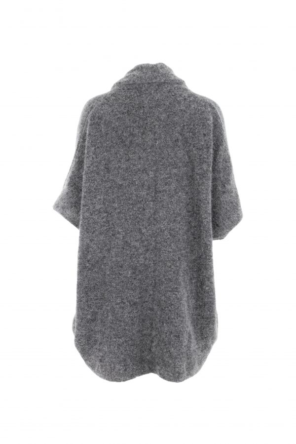 a mohair cardigan featuring short sleeves, two side pockets, and a cocoon shape, presented in a back view