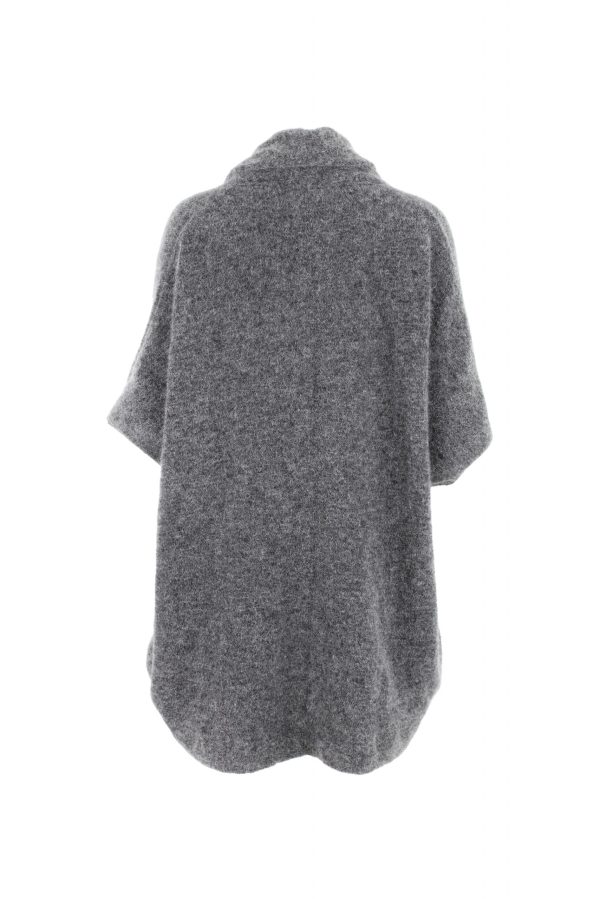 samba-mohair-cardigan-charcoal-colour-back-view - Ochre Knitwear a mohair cardigan featuring short sleeves, two side pockets, and a cocoon shape, presented in a back view