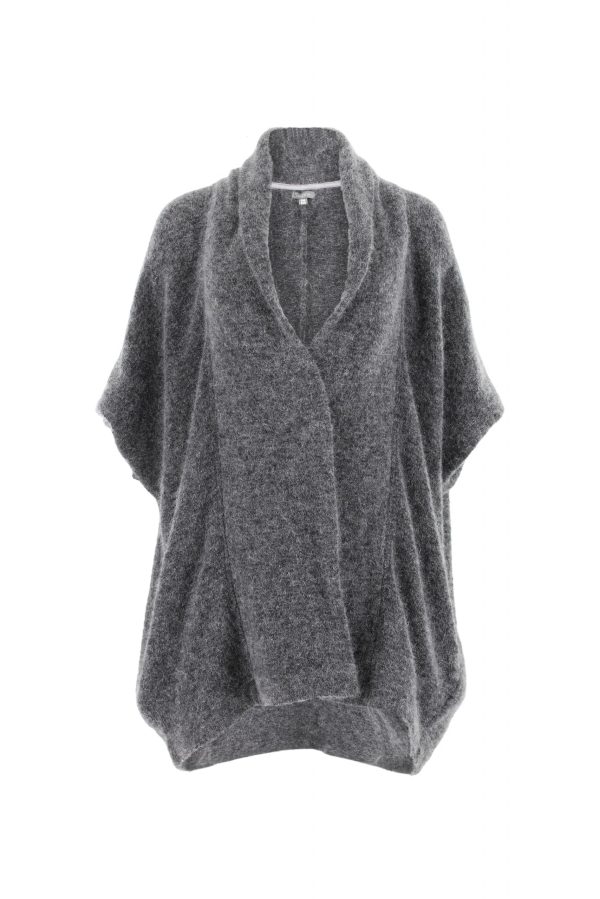samba-mohair-cardigan-charcoal-colour-front-view - Ochre Knitwear a mohair cardigan featuring short sleeves, two side pockets, and a cocoon shape, presented in a front view