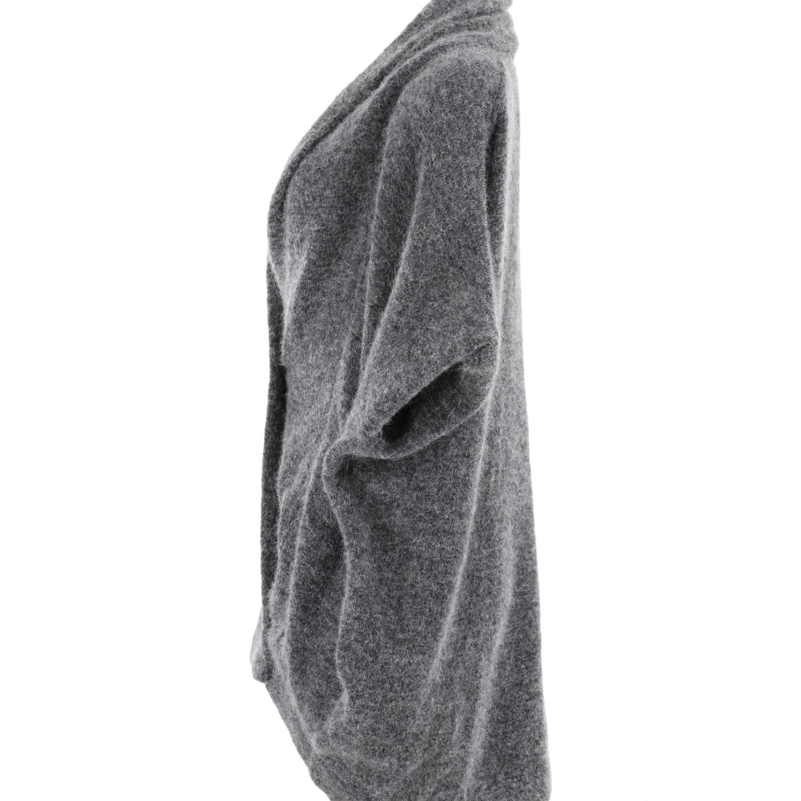 samba-mohair-cardigan-charcoal-colour-profile-view - Ochre Knitwear a mohair cardigan featuring short sleeves, two side pockets, and a cocoon shape, presented in a profile view