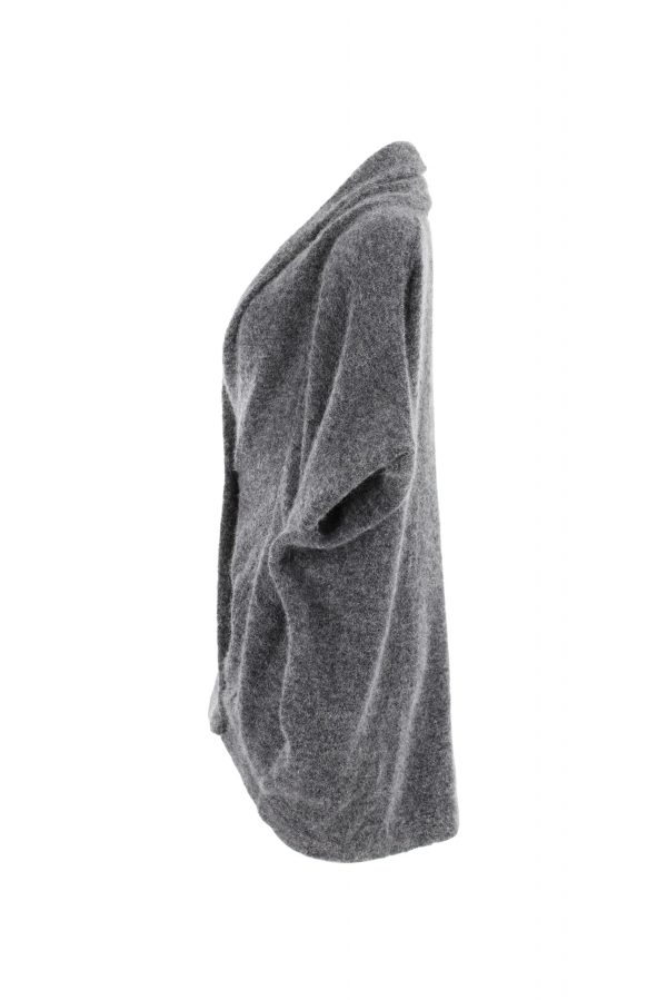 samba-mohair-cardigan-charcoal-colour-profile-view - Ochre Knitwear a mohair cardigan featuring short sleeves, two side pockets, and a cocoon shape, presented in a profile view