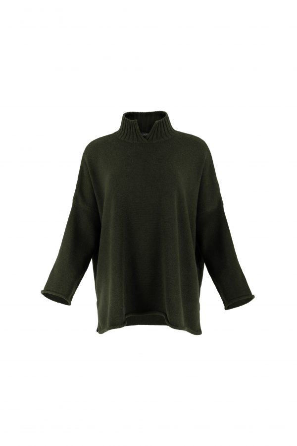 an oversized jumper featuring long sleeves, a high ribbed neckline, and a center front opening, presented in a fir green colour, viewed from the front