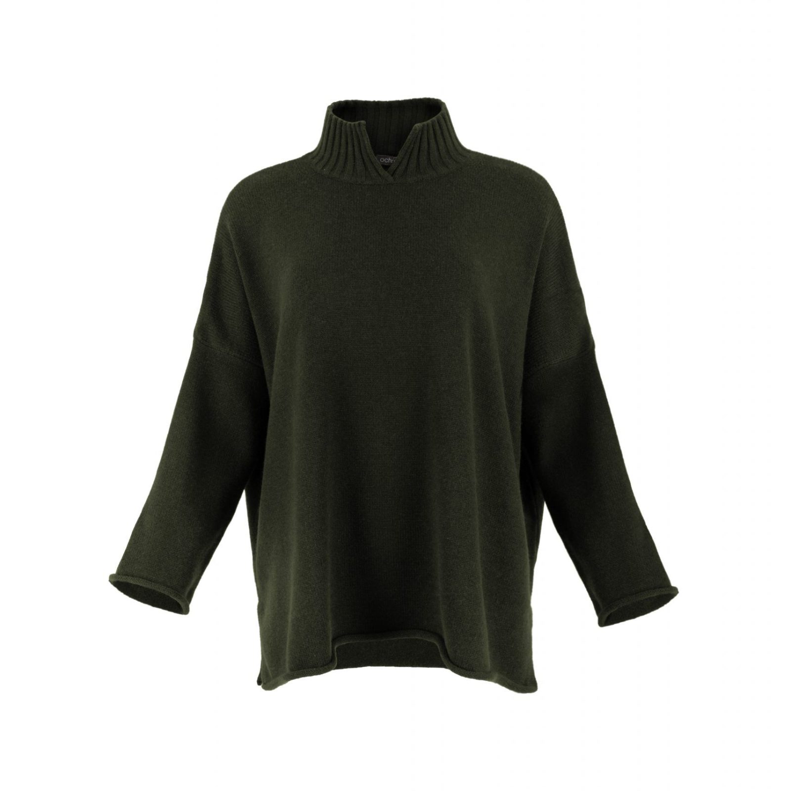 an oversized jumper featuring long sleeves, a high ribbed neckline, and a center front opening, presented in a fir green colour, viewed from the front