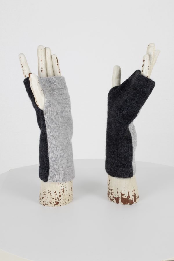 wrist warmers in two contrasting graphite and silver marl colours