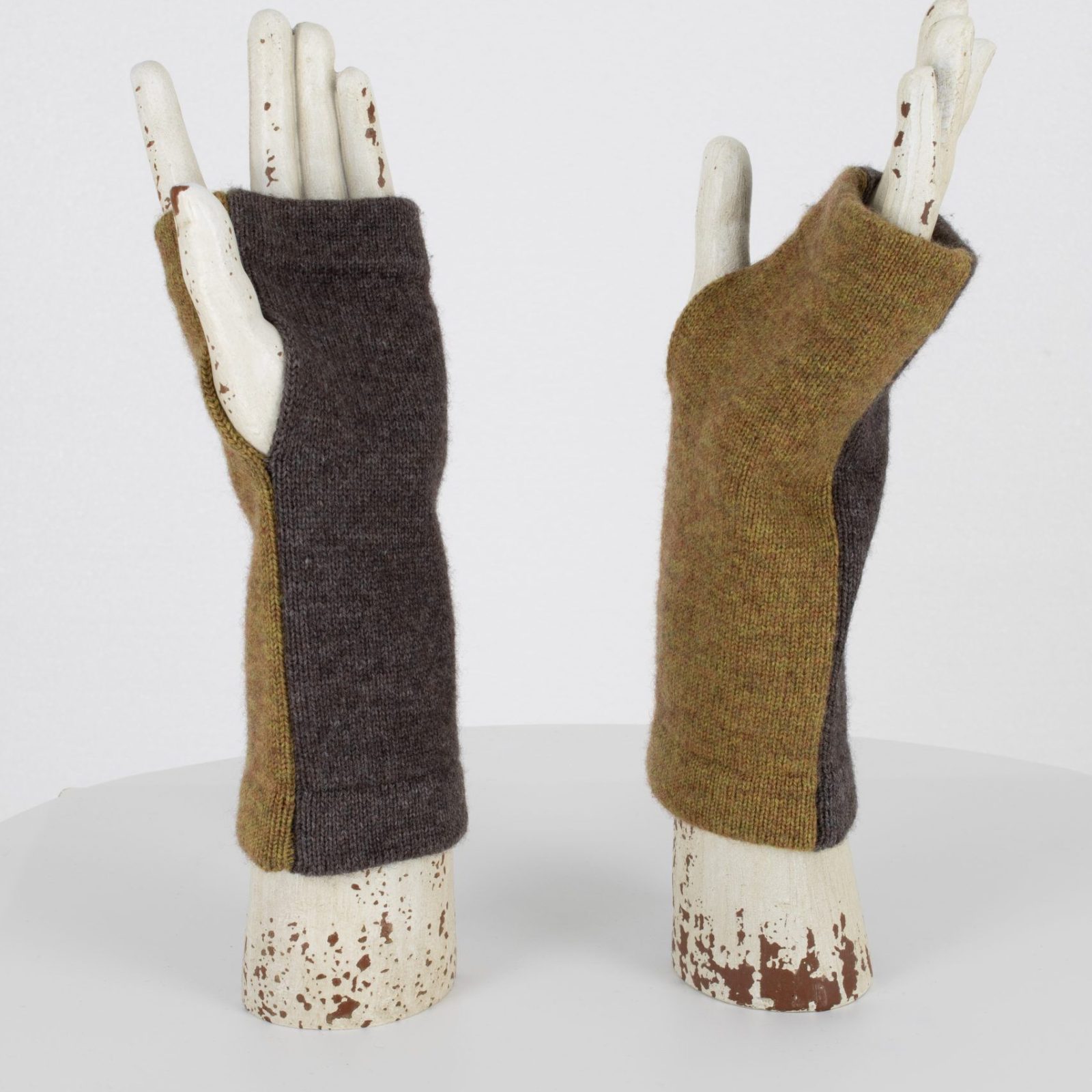 wrist warmers in two contrasting olive and otter colours