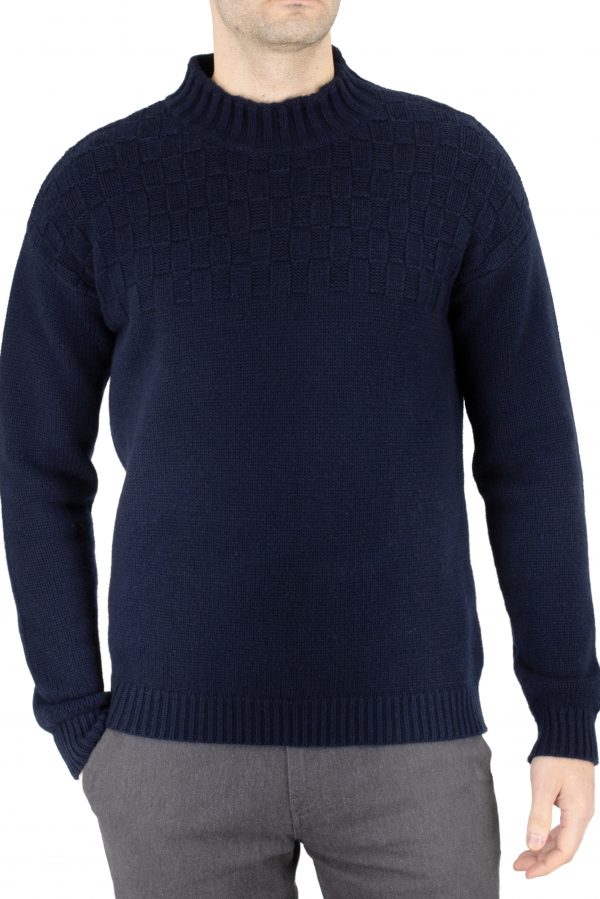 Ed-fishermans-jumper-navy - Ochre Knitwear fisherman's jumper in navy colour presented by male model