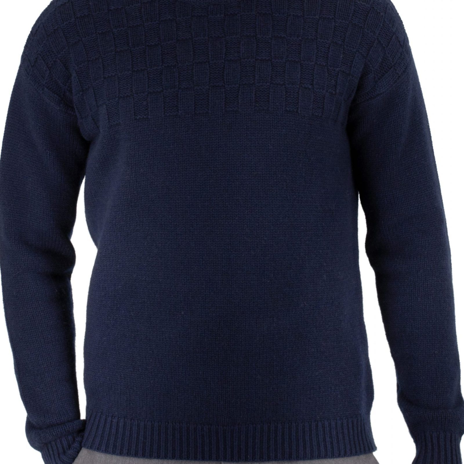 fisherman's jumper in navy colour presented by male model