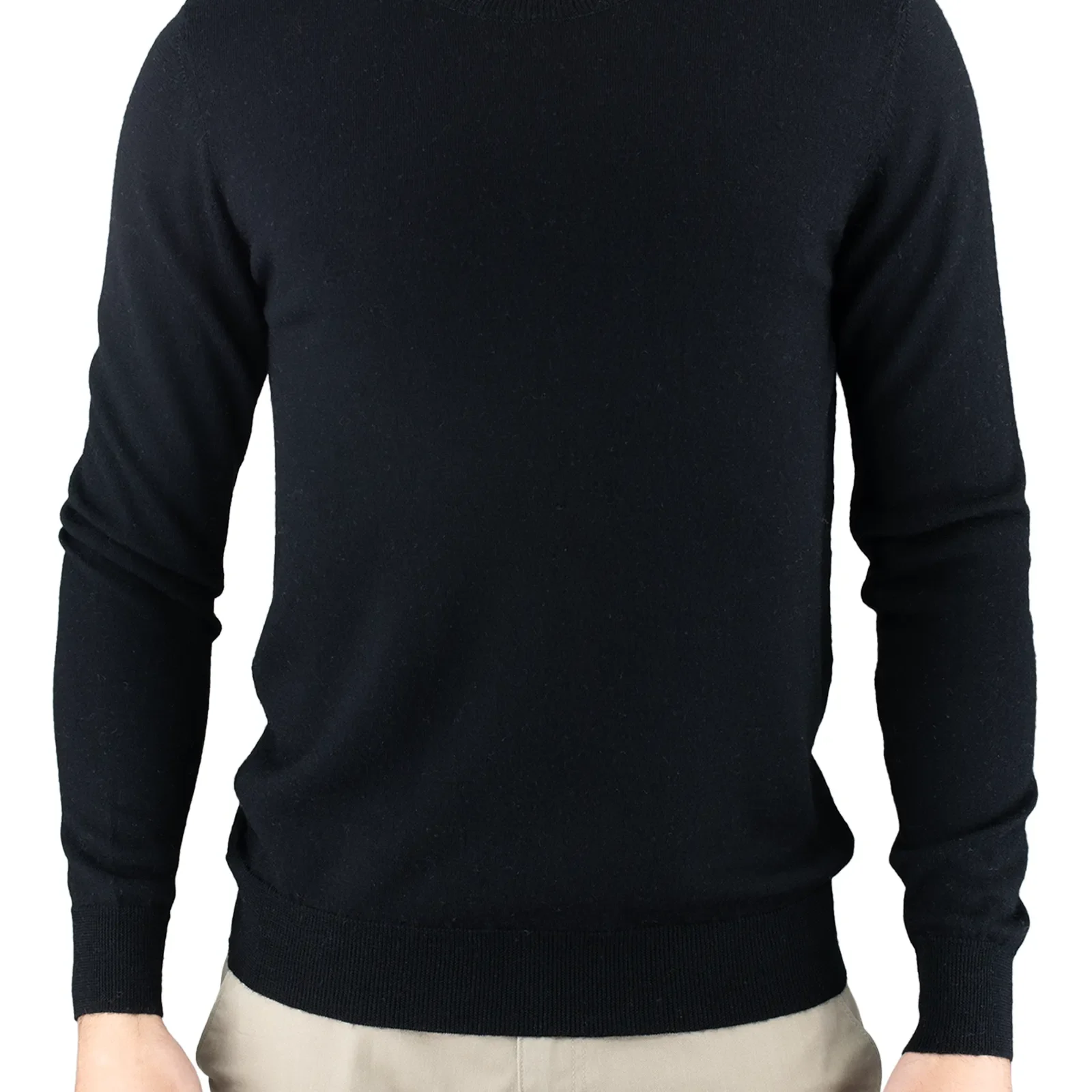 crew neck jumper with long sleeves made of merino in black colour front view, presented by man model