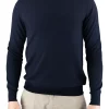 Scott-crew-neck-jumper-navy-colour - Ochre Knitwear crew neck jumper with long sleeves made of merino in navy colour front view, presented by man model
