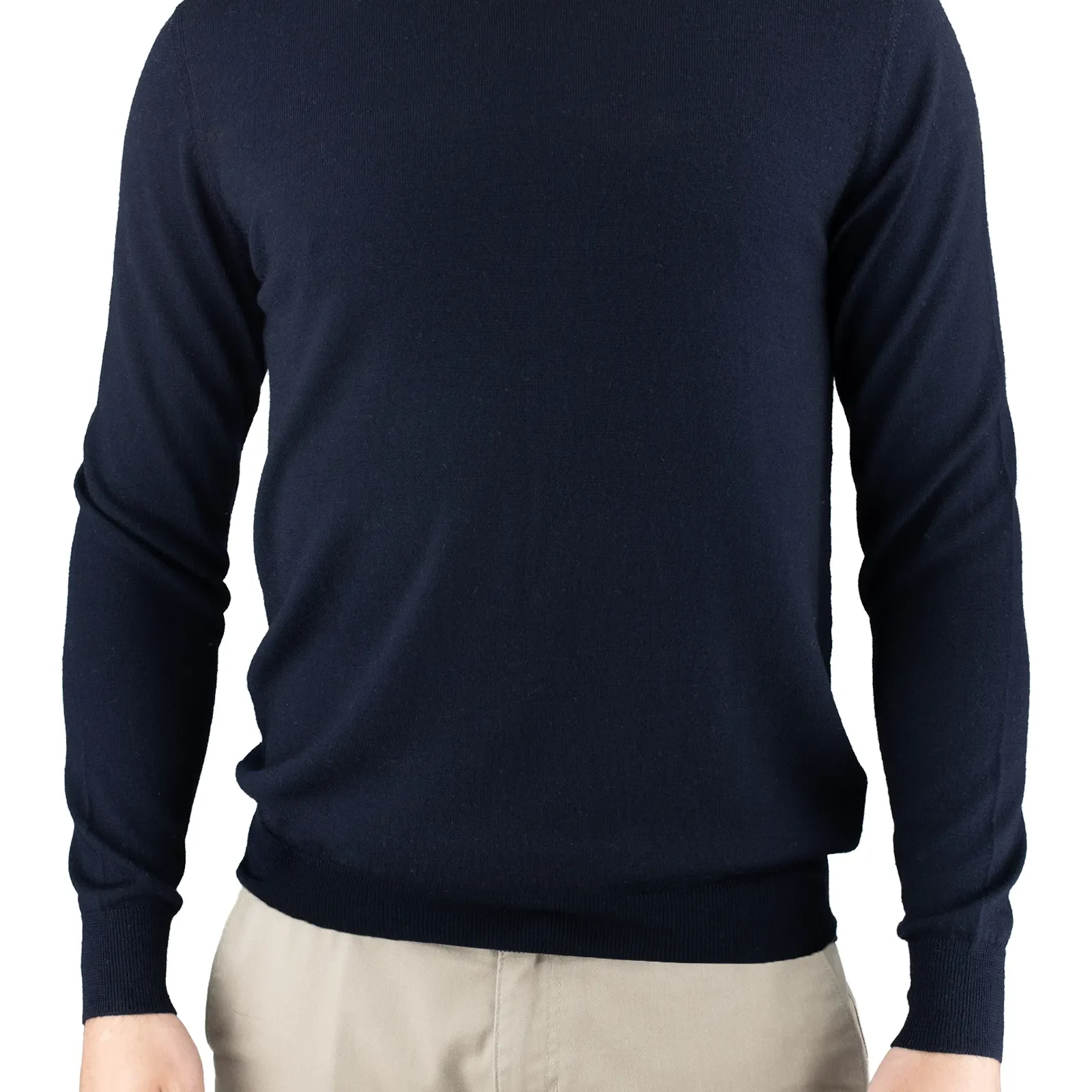 crew neck jumper with long sleeves made of merino in navy colour front view, presented by man model