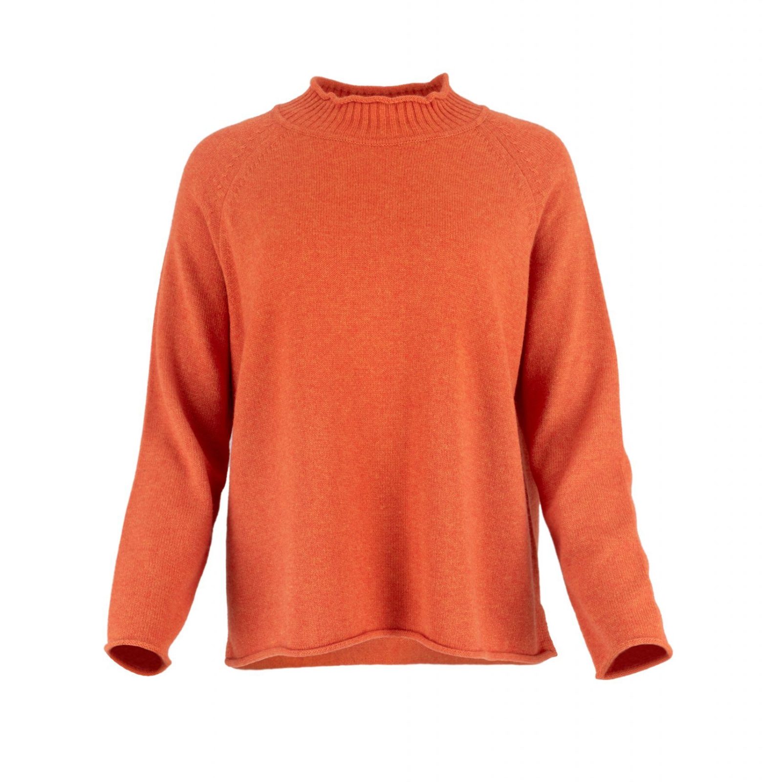 jumper with long sleeves and side split in flame colour made from cashmere, front view