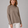 jumper with long sleeves and side split in mocha colour made from cashmere, front view, presented by mature woman model