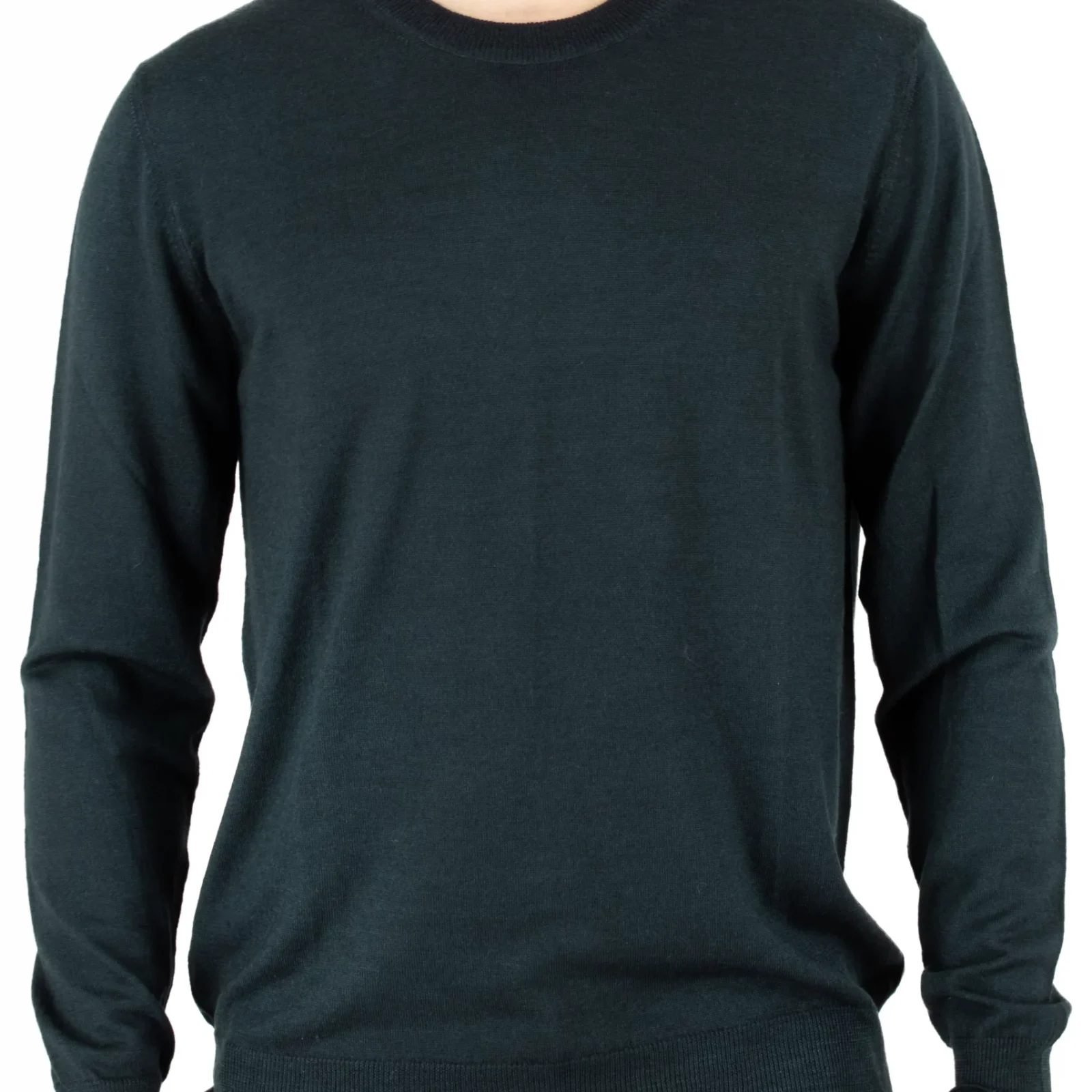 crew neck jumper with long sleeves made of merino in ebony colour front view, presented by man model