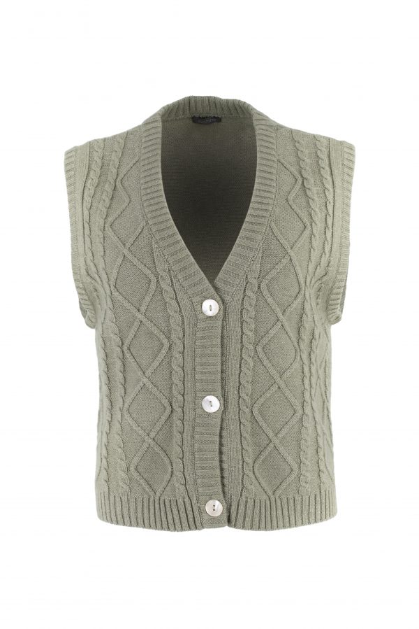 Yoko-waistcoat-clay-green-front - Ochre Knitwear a waistcoat featuring elegant cable knit design, a classic V-neckline, and three exquisite mother-of-pearl buttons in clay green colour, front view
