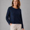jumper with long sleeves, scooped neckline and double bodice layer in navy colour, presented by fashion woman model