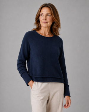 jumper with long sleeves, scooped neckline and double bodice layer in navy colour, presented by fashion woman model