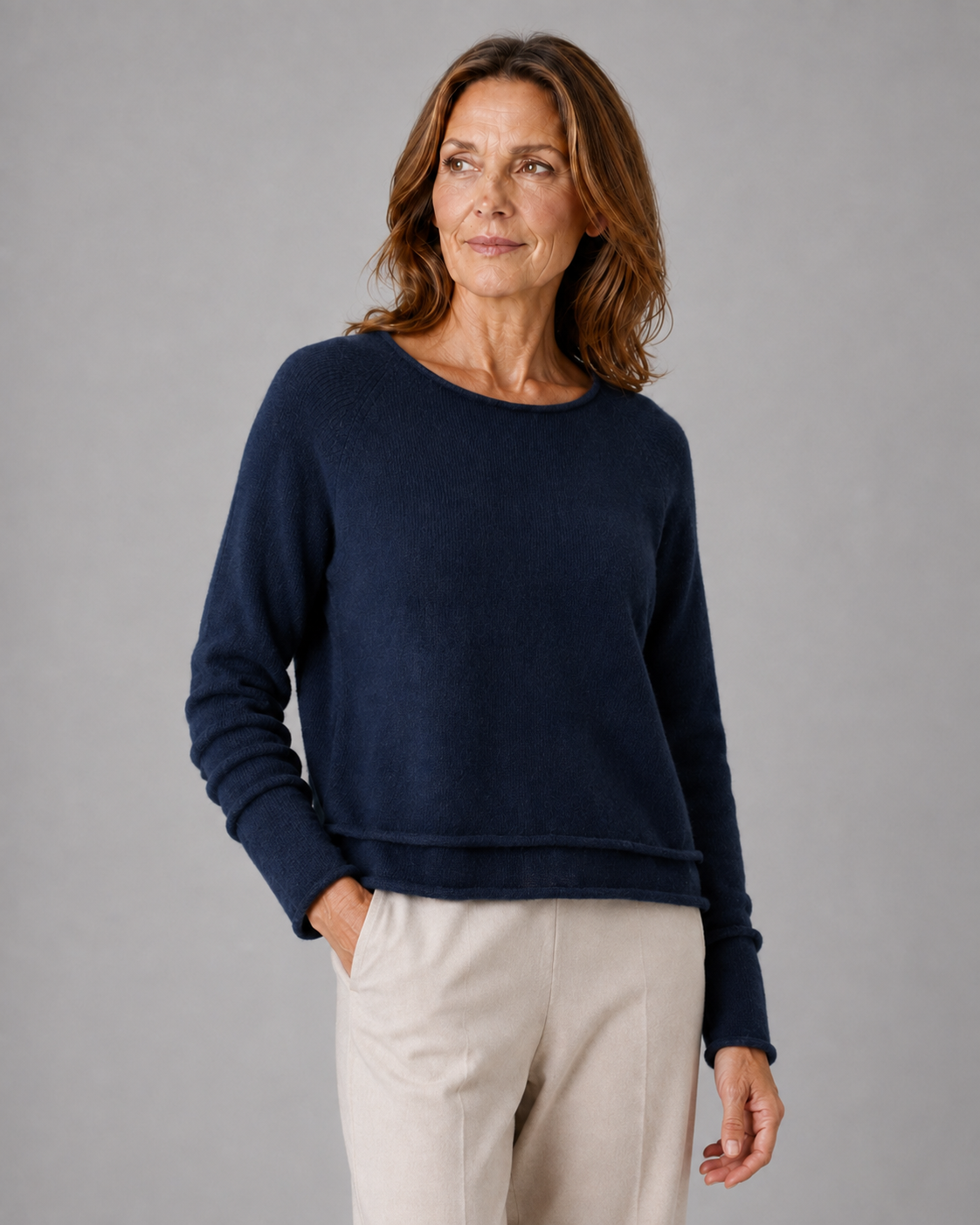star-jumper-navy-front-model - Ochre Knitwear jumper with long sleeves, scooped neckline and double bodice layer in navy colour, presented by fashion woman model