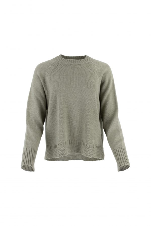 jumper with round neck, raglan sleeves and side slit, rib on cuffs and hem in clay green colour - front view