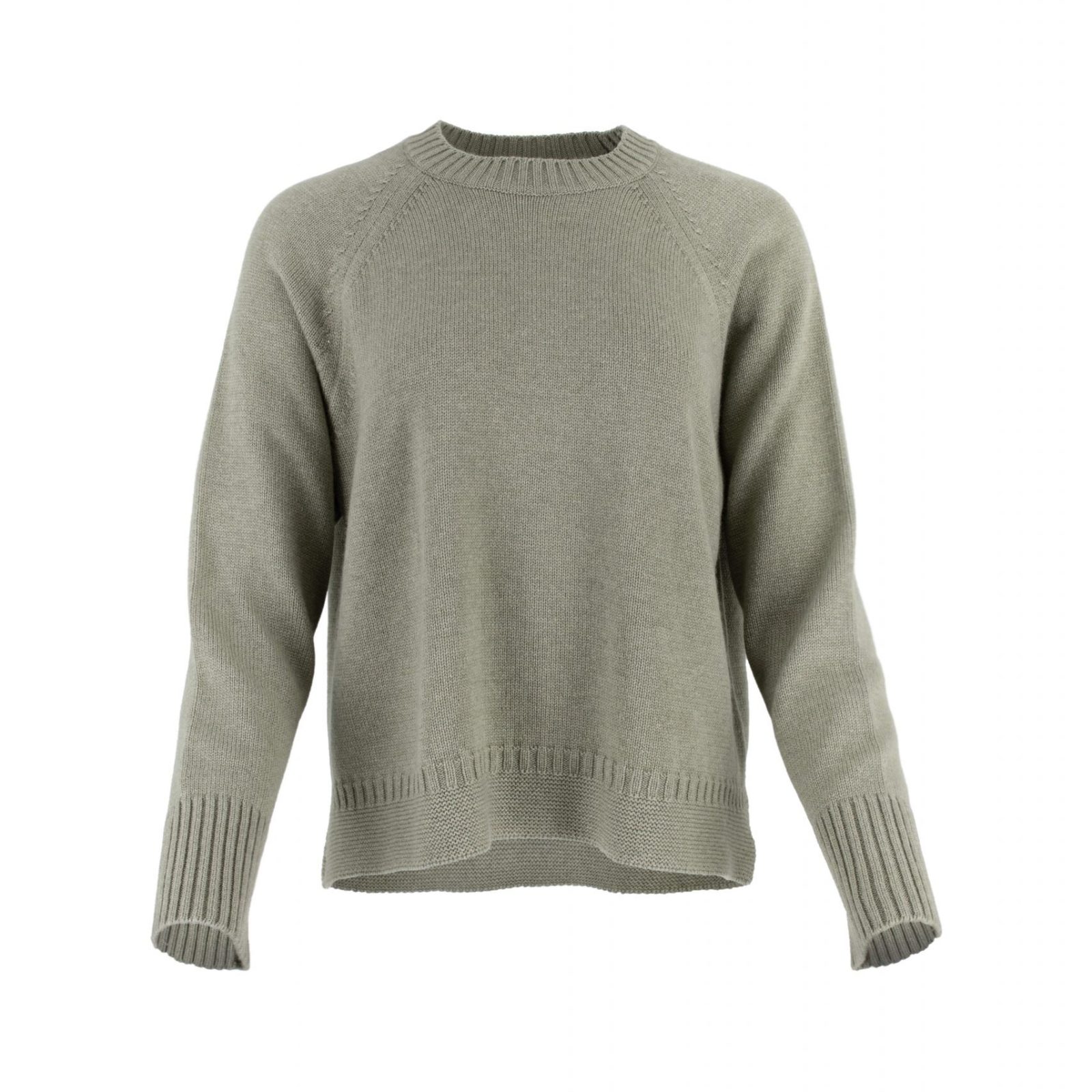 Devon-jumper-clay-green-front-view - Ochre Knitwear jumper with round neck, raglan sleeves and side slit, rib on cuffs and hem in clay green colour - front view