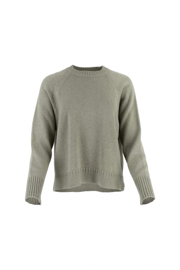 Devon-jumper-clay-green-front-view - Ochre Knitwear jumper with round neck, raglan sleeves and side slit, rib on cuffs and hem in clay green colour - front view