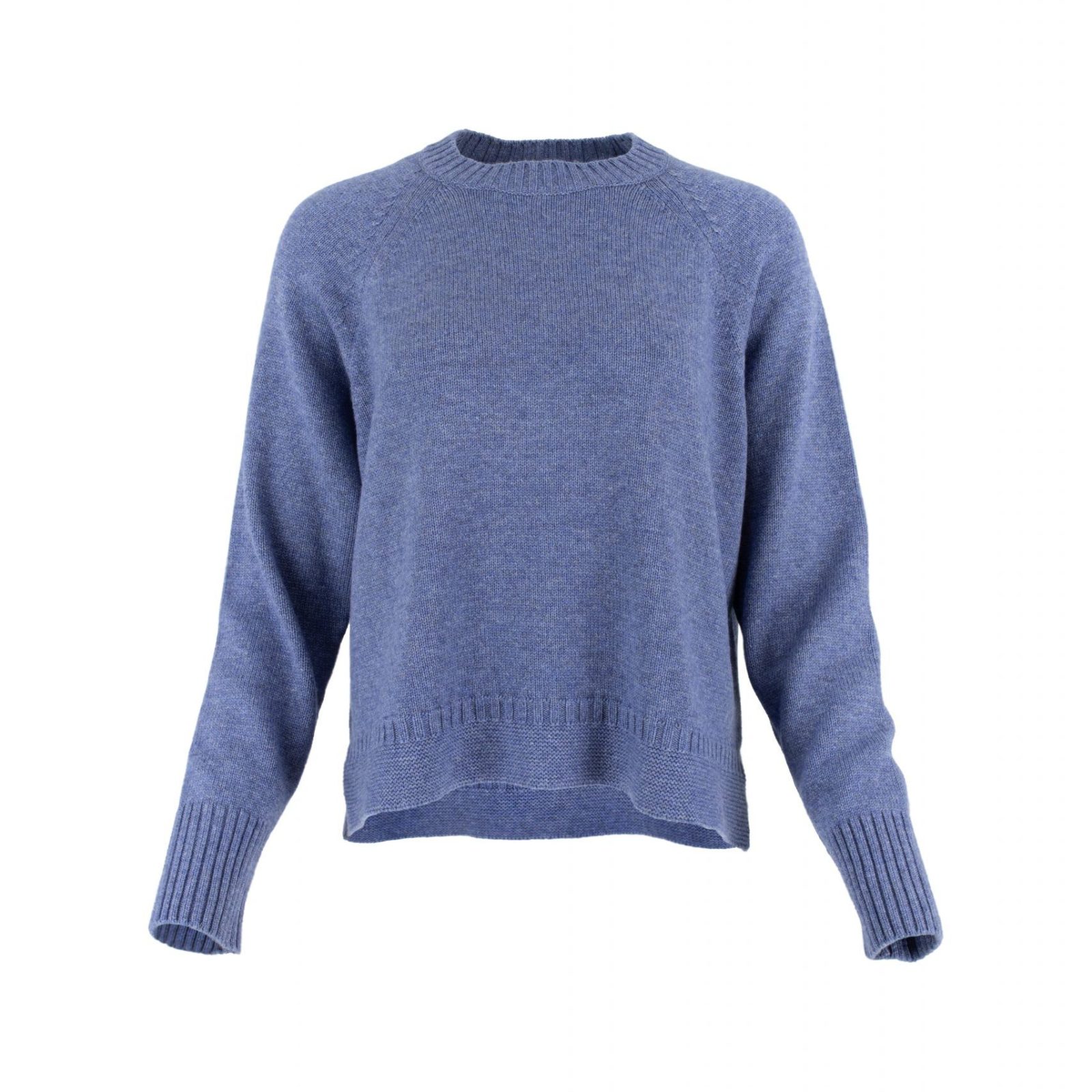 Devon-jumper-denim-colour-front-view - Ochre Knitwear jumper with round neck, raglan sleeves and side slit, rib on cuffs and hem in denim colour - front view