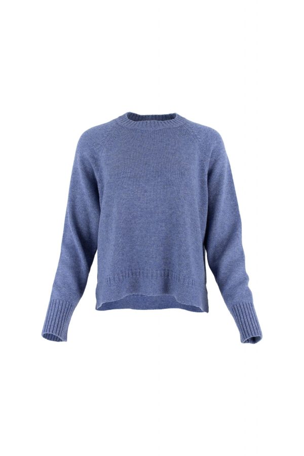 Devon-jumper-denim-colour-front-view - Ochre Knitwear jumper with round neck, raglan sleeves and side slit, rib on cuffs and hem in denim colour - front view