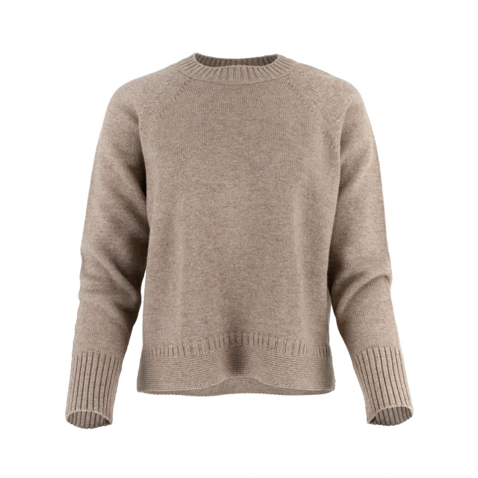 Devon-raglan-sleeve-jumper-mocha-colour-front-view - Ochre Knitwear raglan sleeve jumper with round neck, raglan sleeves and side slit, rib on cuffs and hem in mocha colour - front view