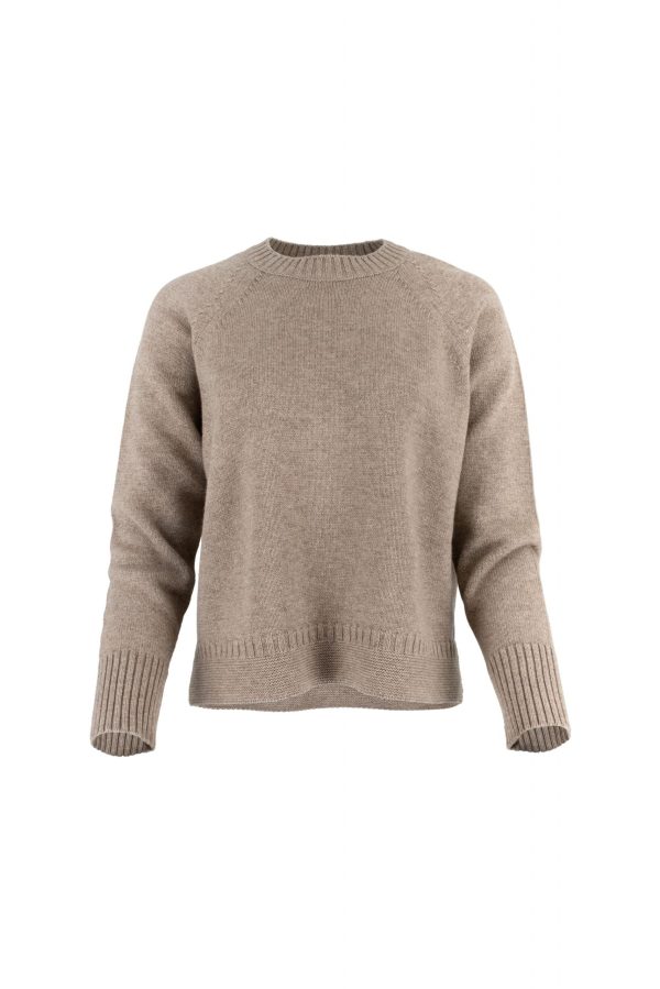 Devon-raglan-sleeve-jumper-mocha-colour-front-view - Ochre Knitwear raglan sleeve jumper with round neck, raglan sleeves and side slit, rib on cuffs and hem in mocha colour - front view