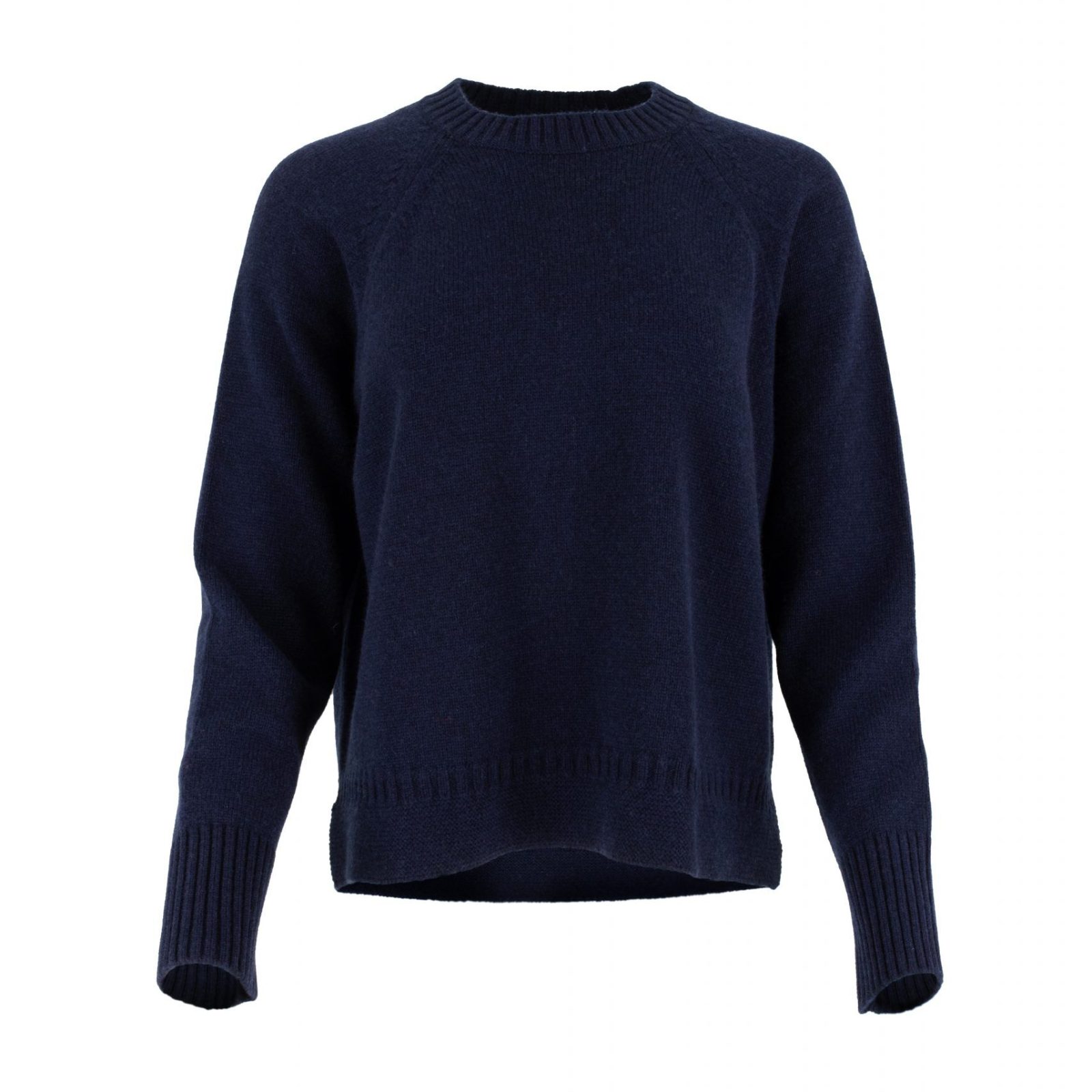 Devon-jumper-navy-colour-front-view - Ochre Knitwear jumper with round neck, raglan sleeves and side slit, rib on cuffs and hem in navy colour - front view