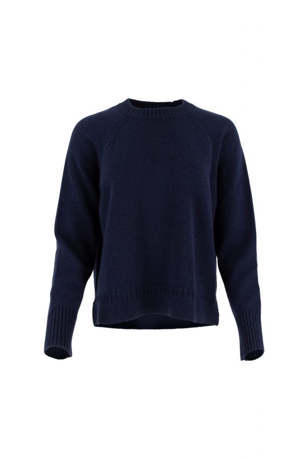 Devon-jumper-navy-colour-front-view - Ochre Knitwear jumper with round neck, raglan sleeves and side slit, rib on cuffs and hem in navy colour - front view