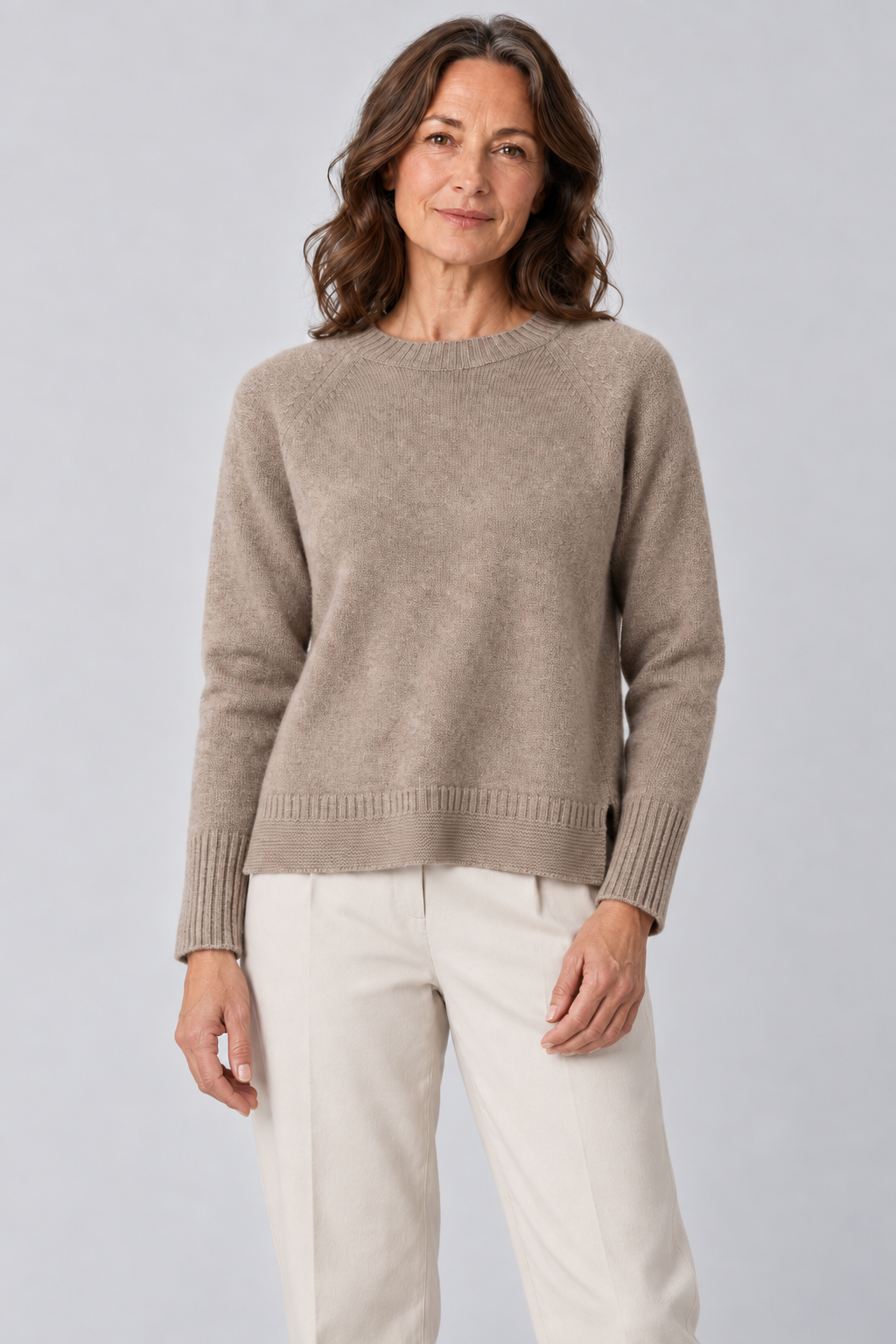 Devon-raglan-sleeve-jumper-mocha-colour-front-view-model - Ochre Knitwear raglan sleeve jumper with long sleeves, side split in mocha colour presented by female model