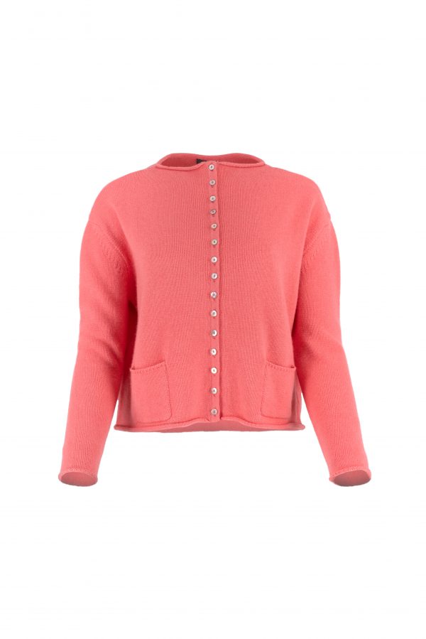 cardigan with square bodice with decorative 15 small buttons detail on the front and 2 patch pockets, front view