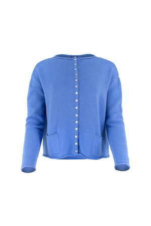 Gani-button-cardigan-sky-colour-front-view button cardigan with long sleeves, decorative buttons in sky colour
