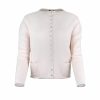 cardigan with square bodice with decorative 15 small buttons detail on the front and 2 patch pockets, front view in soft pink colour