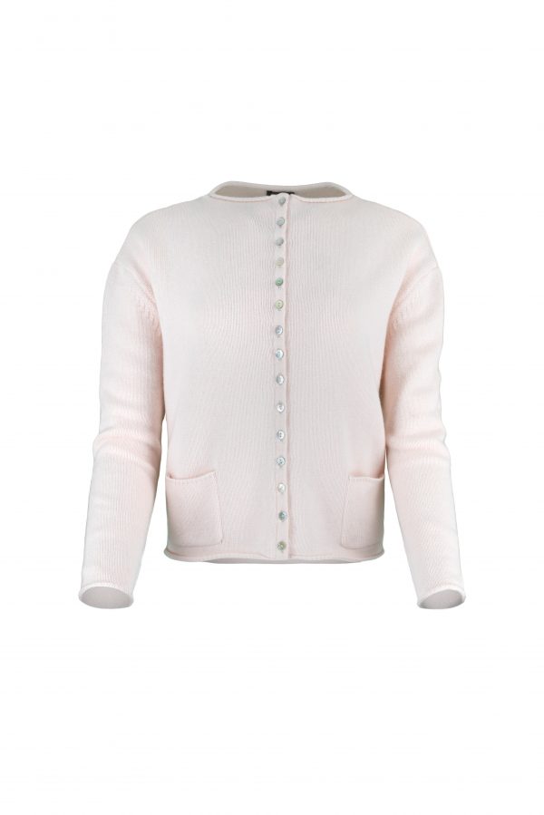cardigan with square bodice with decorative 15 small buttons detail on the front and 2 patch pockets, front view in soft pink colour