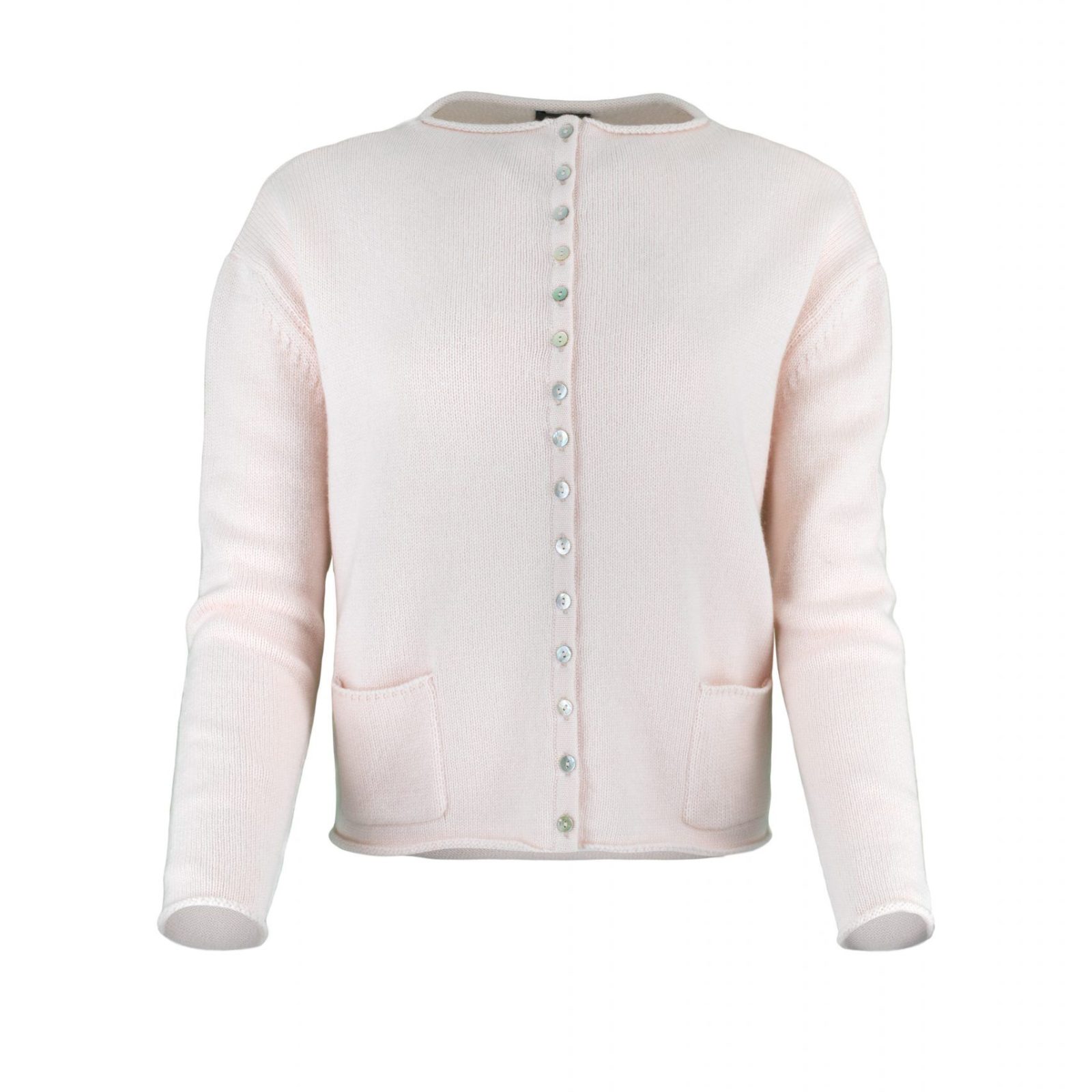 button cardigan with square bodice with decorative 15 small buttons detail on the front and 2 patch pockets, front view in soft pink colour