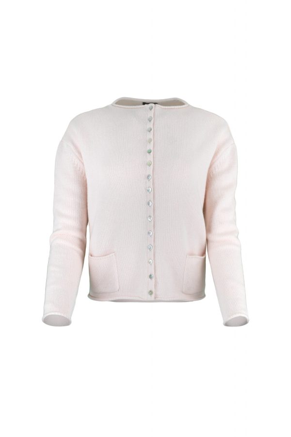 button cardigan with square bodice with decorative 15 small buttons detail on the front and 2 patch pockets, front view in soft pink colour