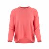 a boat neck jumper with long sleeves in coral colour, profile view